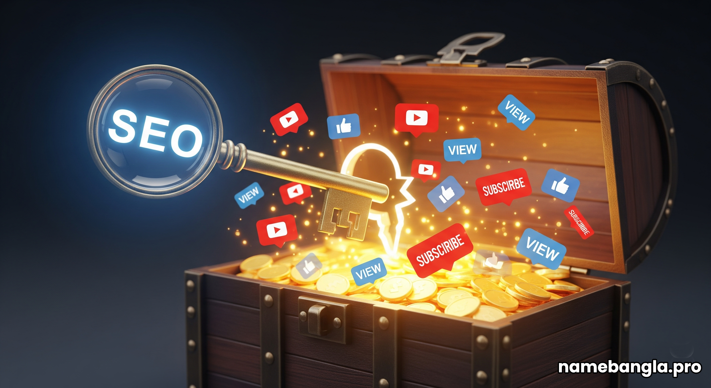A key unlocking a treasure chest full of YouTube views and subscribers