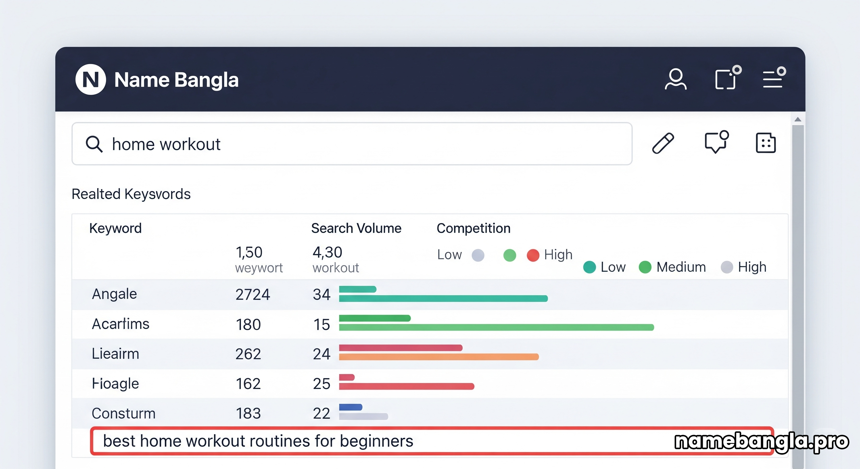 The user interface of the Name Bangla keyword research tool with data