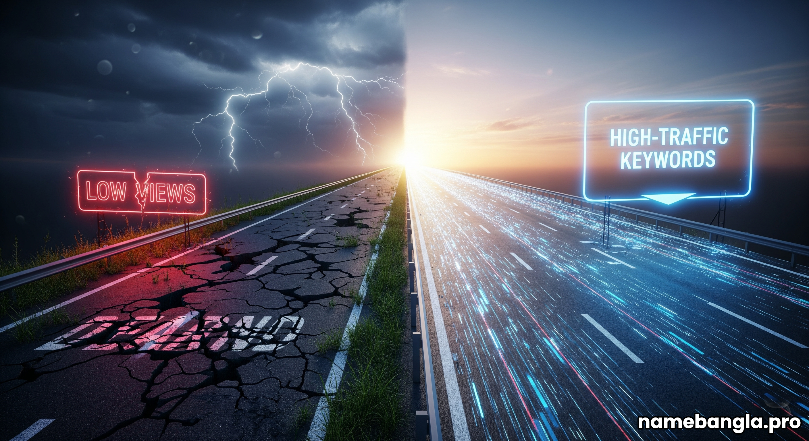 A digital road splitting into a dead-end and a highway for keyword strategy